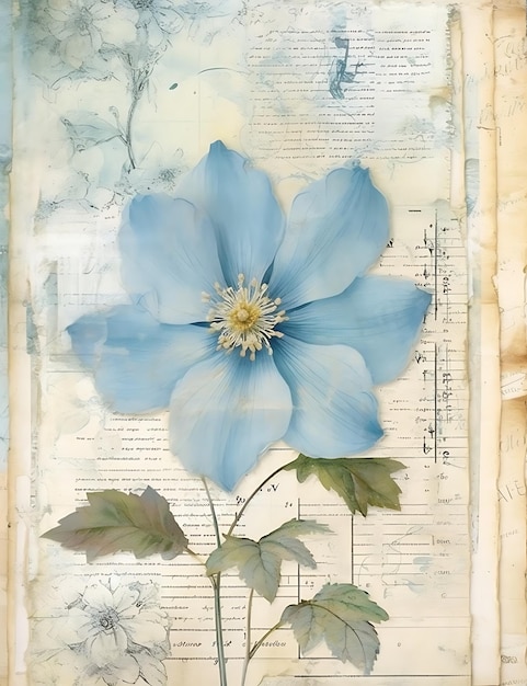 Collage Art Waterverf Baby Blue Florla Afdruk op vintage papieren op Ivor Vintage krantenpagina