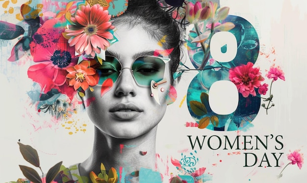 Collage art of woman flower plant leaves and brush paint concept art for womens day International womens day illustration