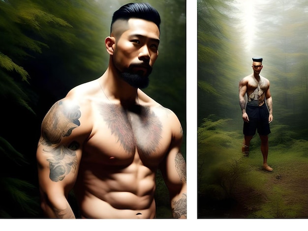 Collage Asian Guy Muscular Shirtless with Tattoos in Foggy Forest Portrait