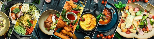 Photo collage assortment of dishes from different countries of the world food and snacks