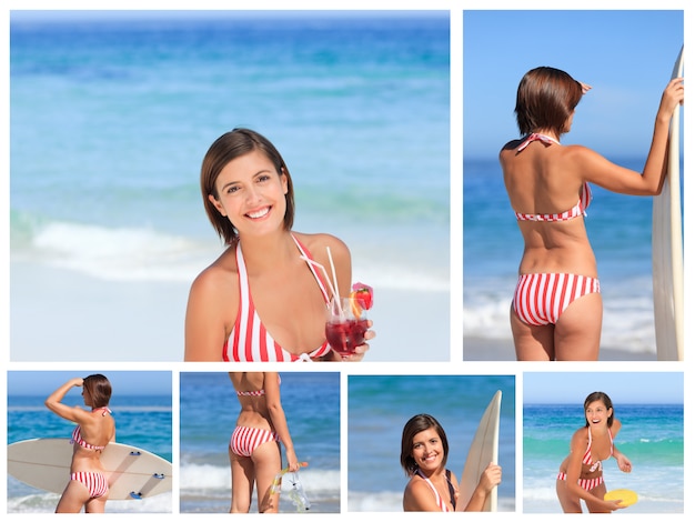Коллаж привлекательная брюнетка женщина, наслаждаясь момент на пляже