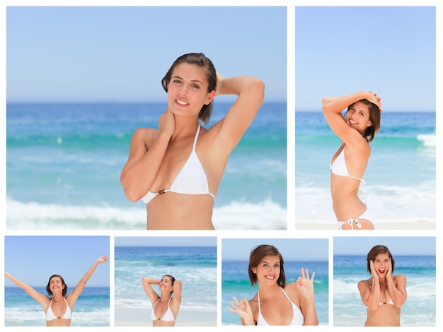 Collage of an attractive brunette woman posing on a beach