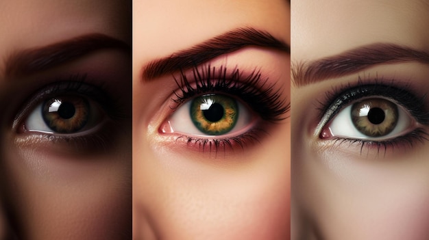 Collage of beautiful female eyes with different shades of green makeupgenerative ai