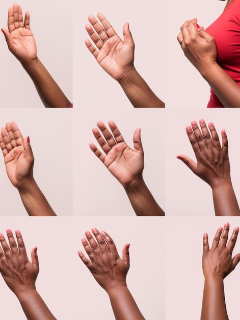 Photo collage of beautiful plus size woman over isolated background suffering pain on hands and fingers