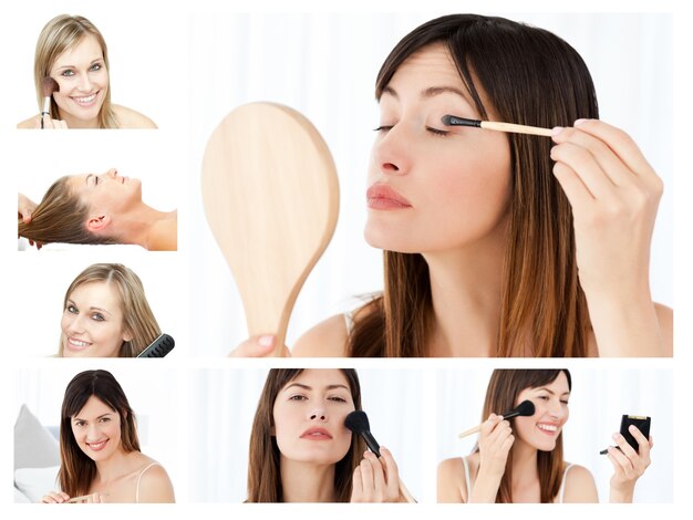 Collage of beautiful women putting make-up on