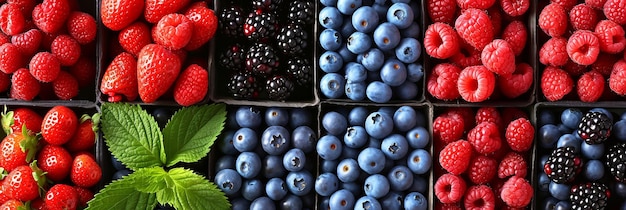 Photo collage of berries products divided with white vertical lines 7 segments bright white light