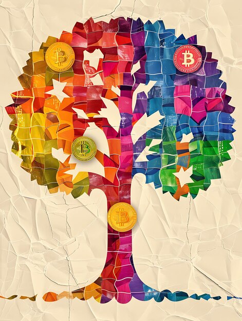 Photo collage of bitcoin logos forming a tree of life with a torn illustration cryptocurrency background