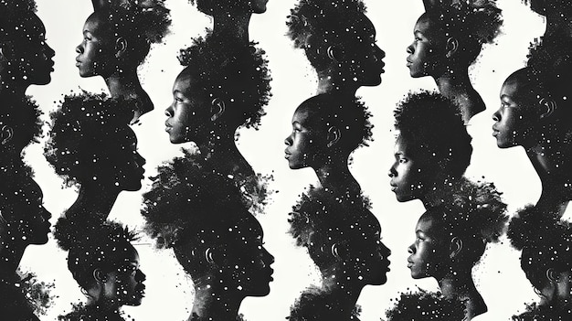 Collage of black silhouettes of women in profile on a white background