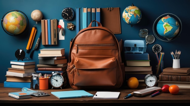 a collage of books backpacks and stationery items