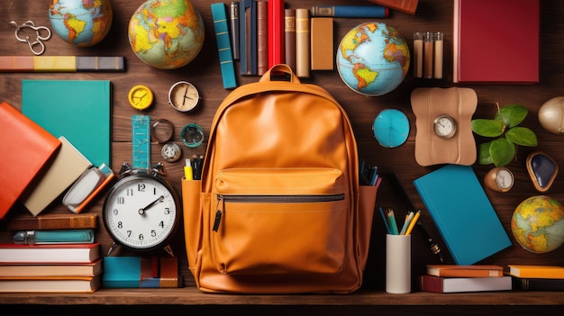 a collage of books backpacks and stationery items