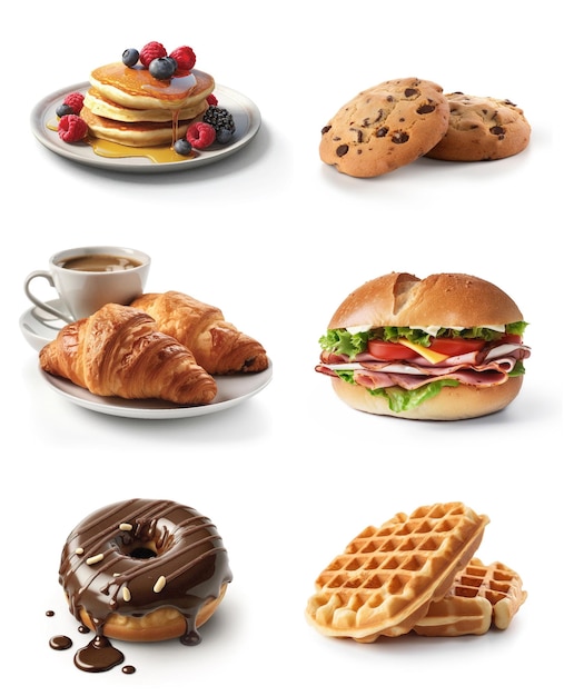 Коллаж из продуктов для завтрака, включая стопку вафель, блинов и чашку кофе.