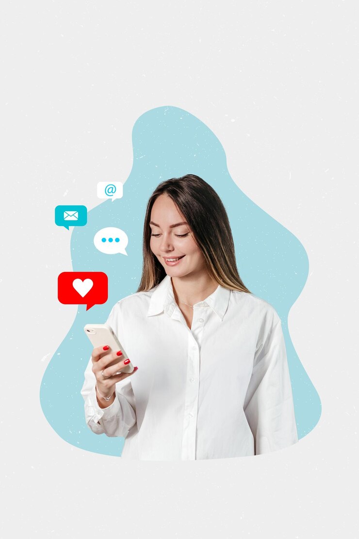 Photo collage of a business girl looking at her phone with social media icons web banner