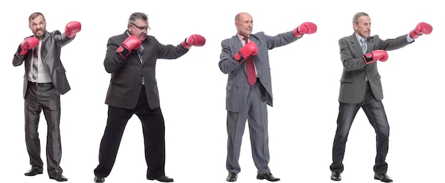 Коллаж бизнесменов в боксёрских перчатках изолирован