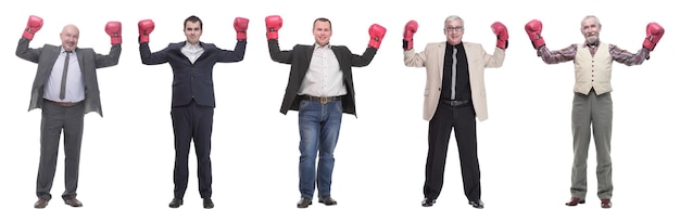 Collage of businessmen in boxing gloves isolated