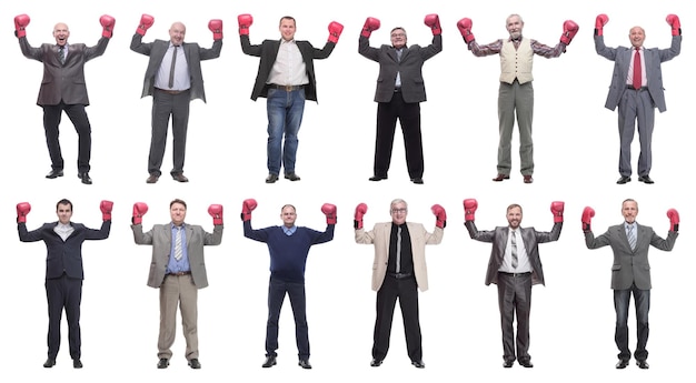 Photo collage of businessmen in boxing gloves isolated