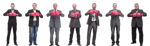 Collage of businessmen in boxing gloves isolated