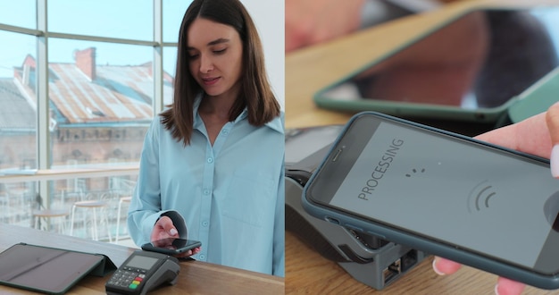 Collage nel bar barista l'uomo prepara il caffè per una cliente donna che paga tramite telefono cellulare contactless al sistema di carte di credito