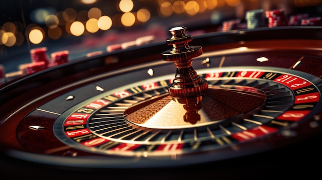 Collage of casino images with a closeup vibrant image of multicolored casino roulette table with po