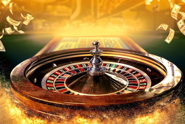Photo collage of casino images with a closeup vibrant image of multicolored casino roulette table with pok...