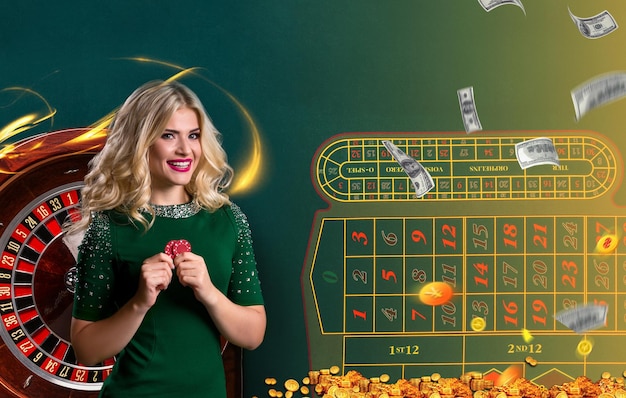 Collage of casino images with roulette and woman with chips in hands