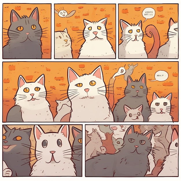 a collage of cats in a box with a saying that is a cartoon.