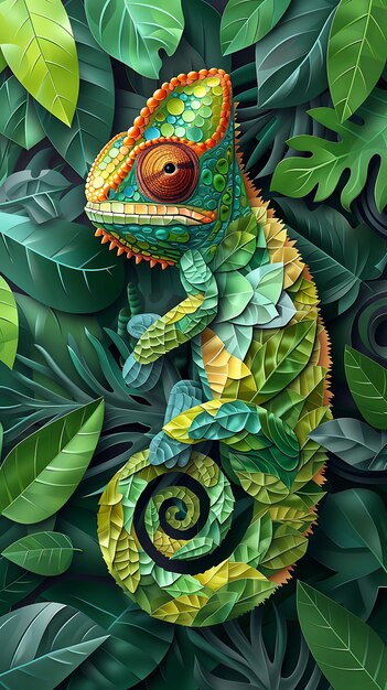 Collage of chameleon reptile artwork with leaf shaped paper mosaic coll poster flyer concept style