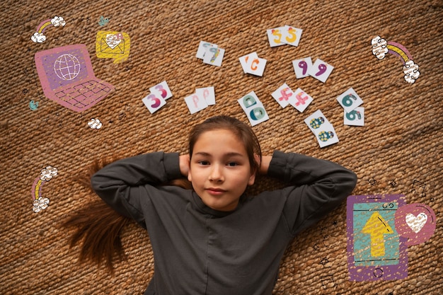 Photo collage of child playing made with chalk