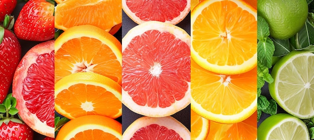 Collage of citrus fruit products divided with white vertical lines bright and vibrant