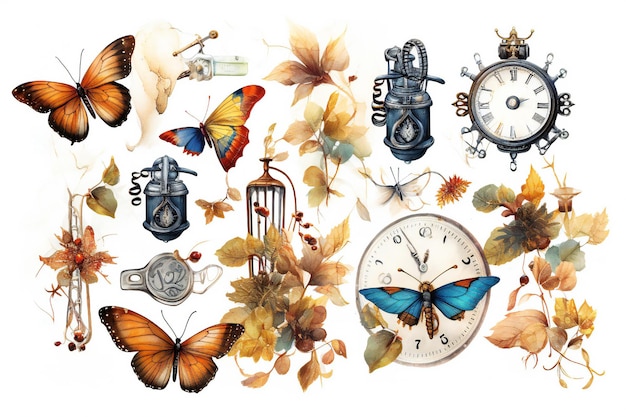 A collage of a clock and a butterfly on a flower background