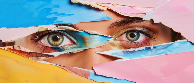 In the collage of closeup male and female eyes on a multicolored striped neon background the concept of equality mixed ages interests and genders is emphasized Diversity and human rights are