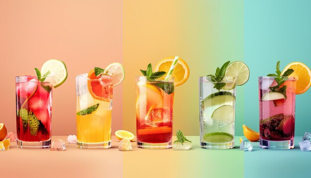 Collage of cold summer cocktails on color background