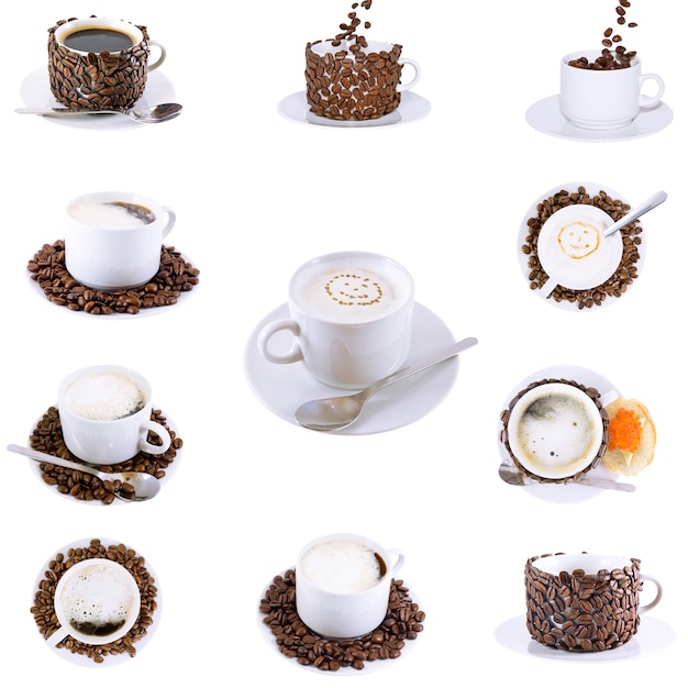 Collage (collection) of various coffee cups with coffee. Isolated over white.