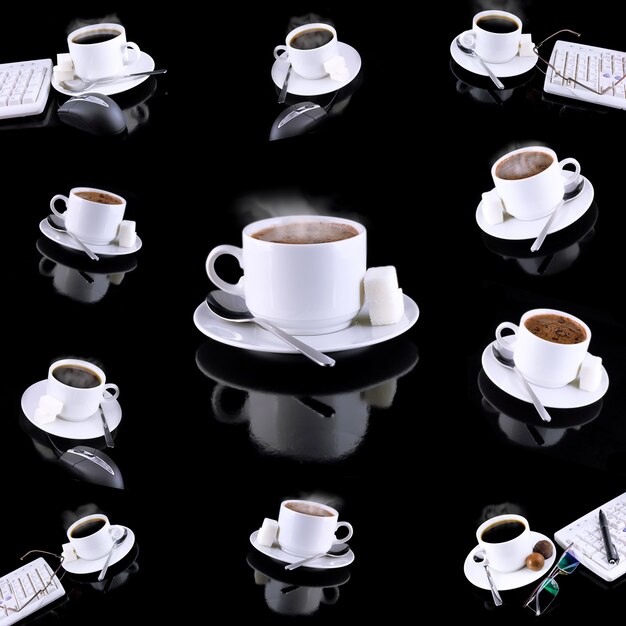 Collage (collection) of various coffee cups with coffee.