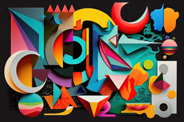 Collage of colorful abstract figures and shapes for creation of modern art collage created with gene