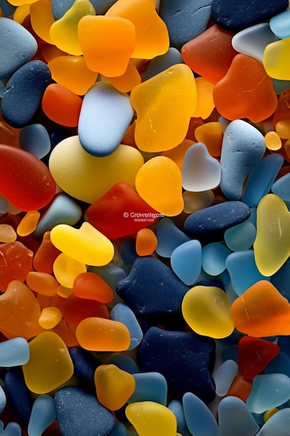 a collage of colorful beach glass, red, and blue sea glass.