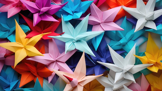 Photo a collage of colorful origami cranes representing friendship and unity