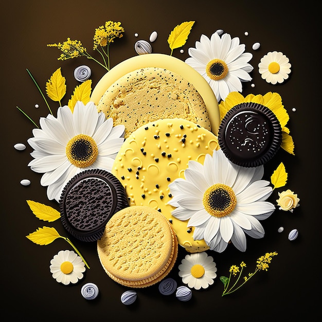 A collage of cookies and flowers with the word oreo on it.