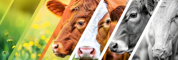 Photo collage of cows divided by white vertical lines with bright light white style background