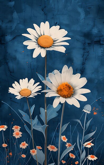 Collage of daisy flowers with white and blue color theme featuring torn digital art concept poster