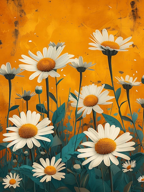 Collage of daisy flowers with white and bright yellow color scheme inco digital art concept poster