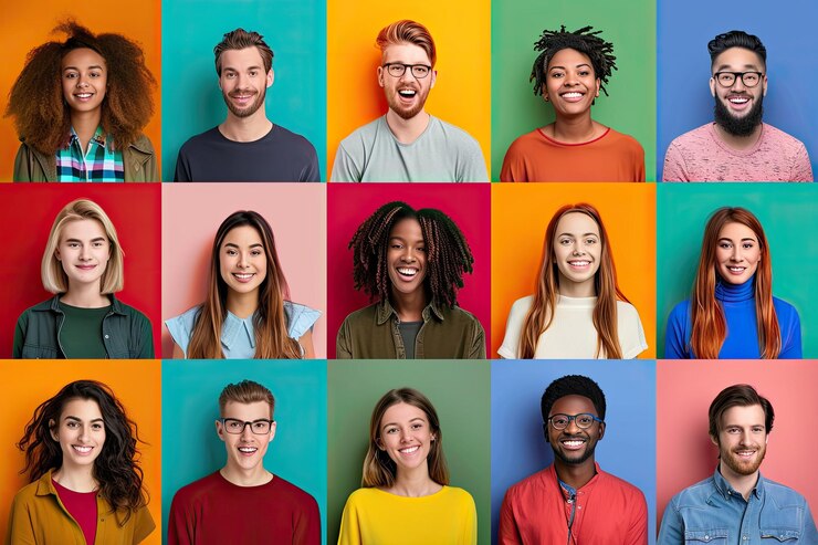 Photo collage de 15 personnes de diverses origine ethnique exprimant des motions positives sur fond color