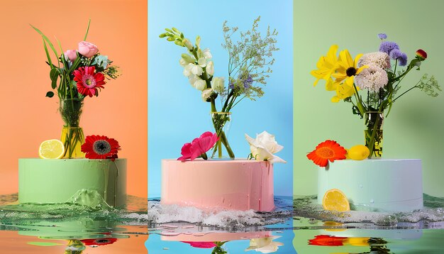 Collage of decorative podiums with fresh flowers on water against color background