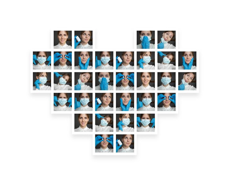 A collage depicting a nurse with different emotions in the shape of a heart
