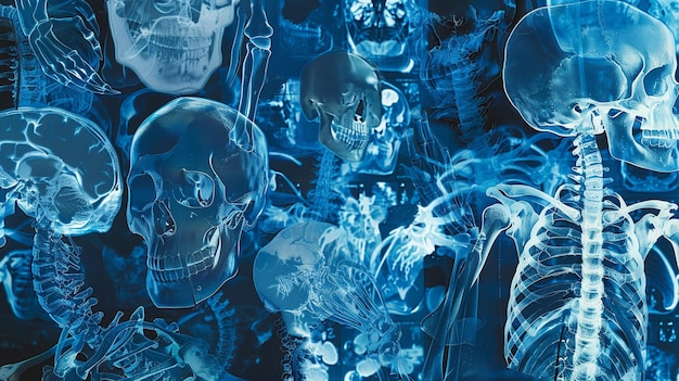 A collage of detailed bluetoned Xray images showcasing various angles and sections of the human skel