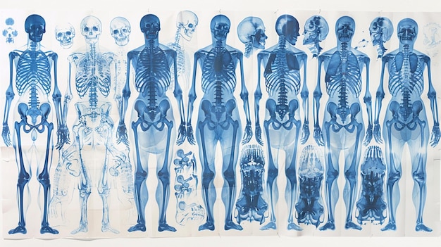 A collage of detailed bluetoned Xray images showcasing various angles and sections of the human skel