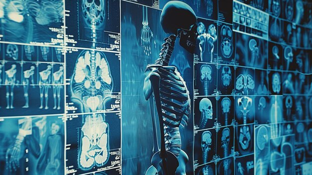 Коллаж подробных рентгеновских изображений, показывающих различные углы и секции человеческого черепа