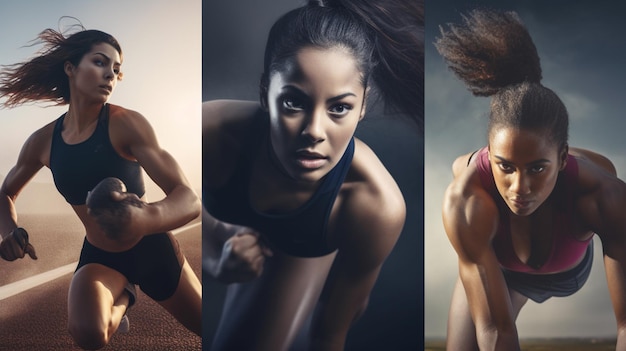 A collage of different athletes including a woman in a sportswear.
