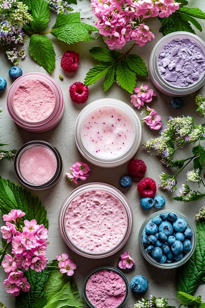 Collage of different colored berry creams with flowers surrounding them