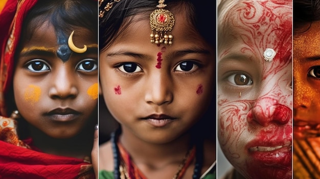 A collage of different faces of a girl with different designs.