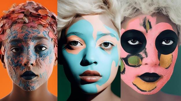 A collage of different faces with different colors and one of them has a face painted in blue and the other has a face painted in different colors.